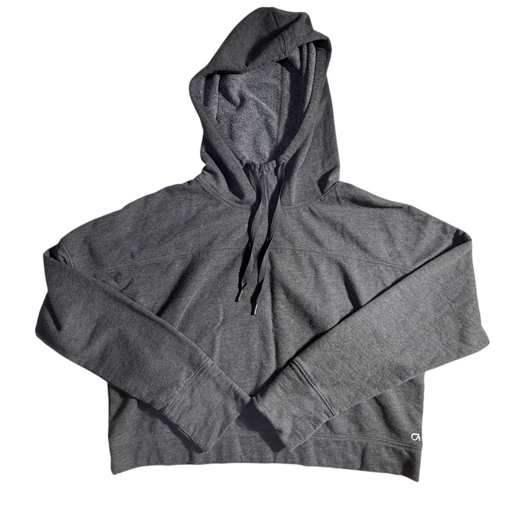 GapFit Womens XL Charcoal Gray Heather Cropped Hoodie Sweatshirt Thumbholes-2006